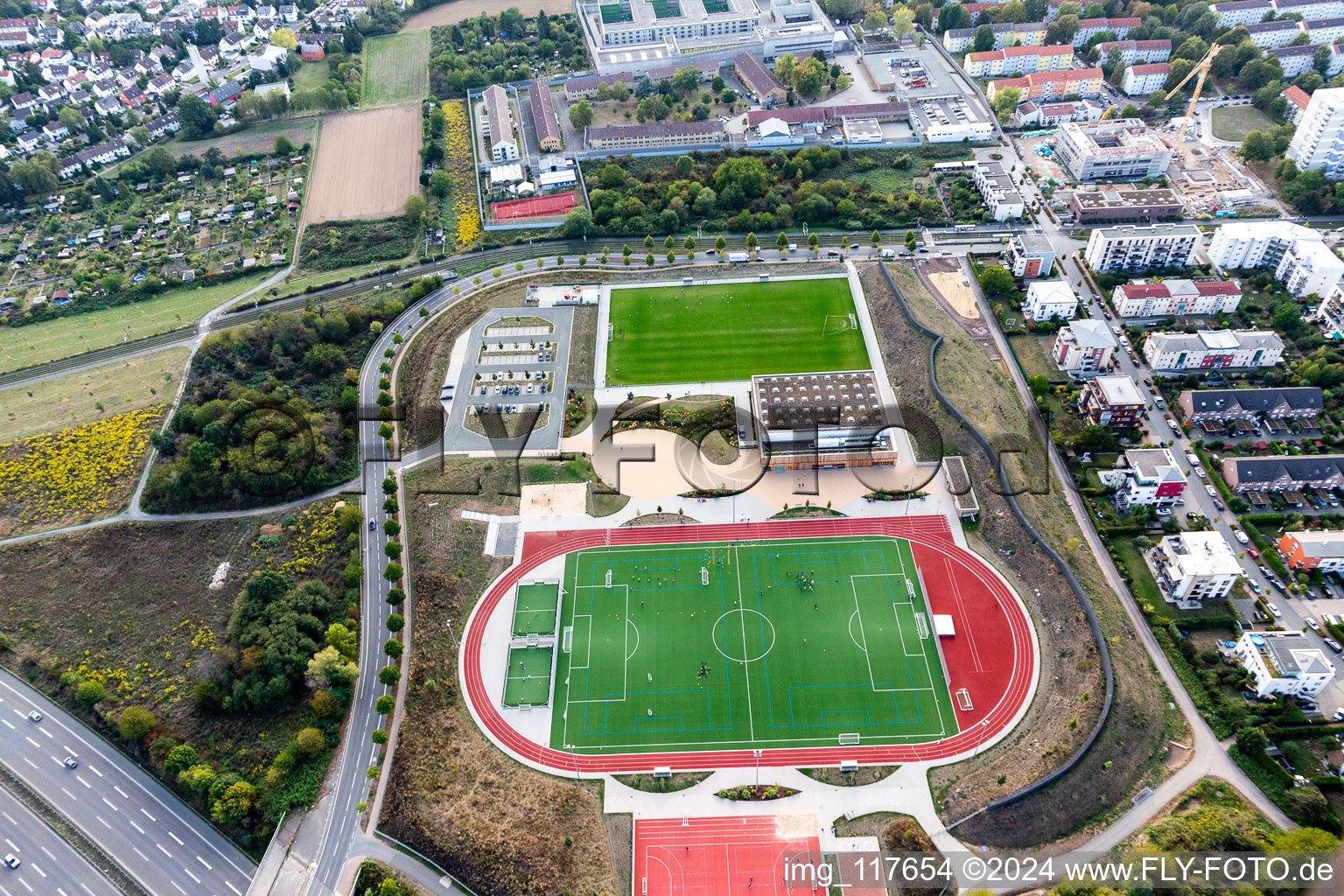 Aerial view of Ensemble of sports grounds of Bezirkssportanlage Frankfurter Bogen and vom Sportpark Preungesheim in the district Preungesheim in Frankfurt in the state Hesse, Germany