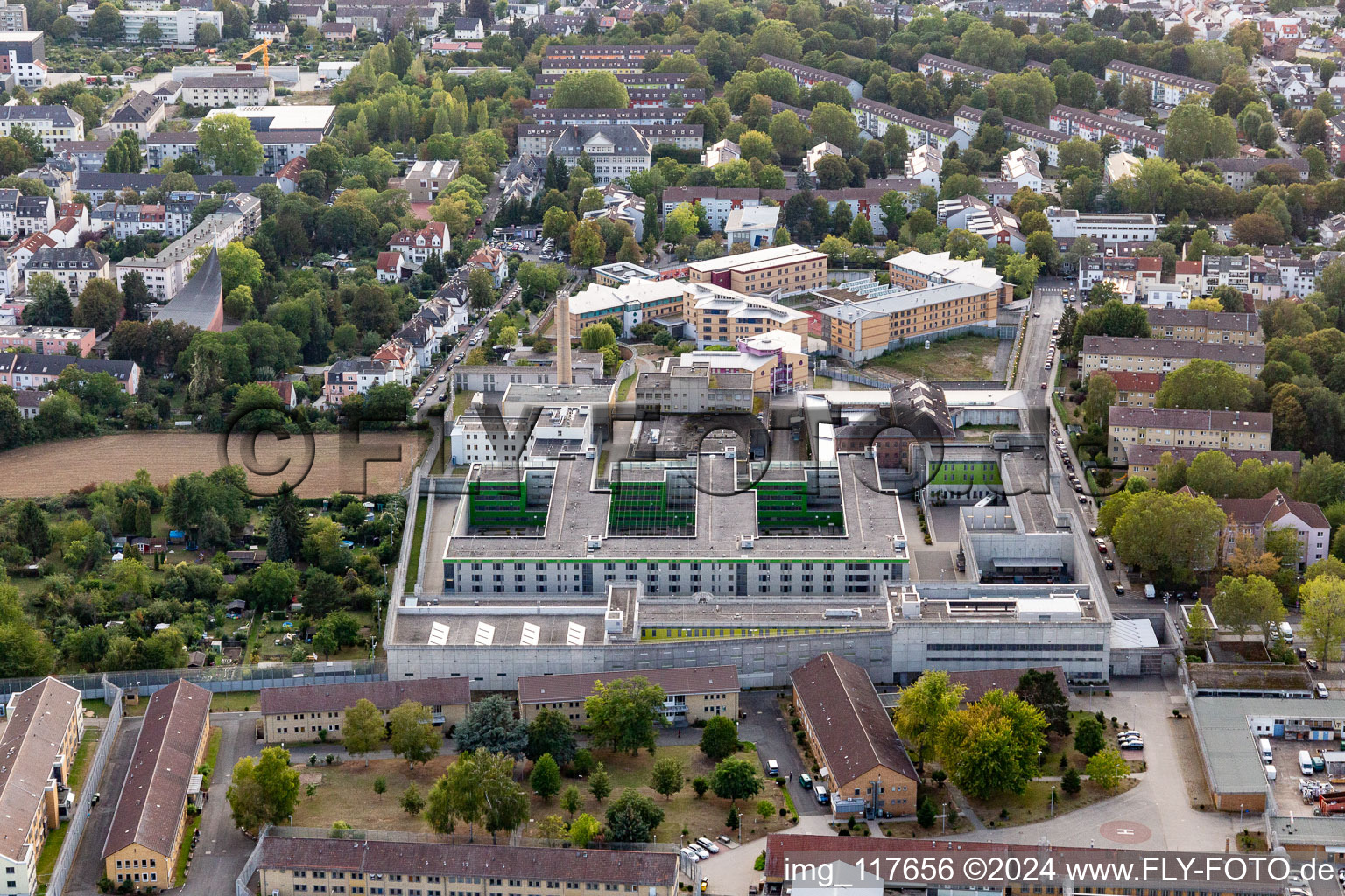 Prison grounds and high security fence Prison Frankfurt III in Frankfurt in the state Hesse, Germany. Editorial use only !