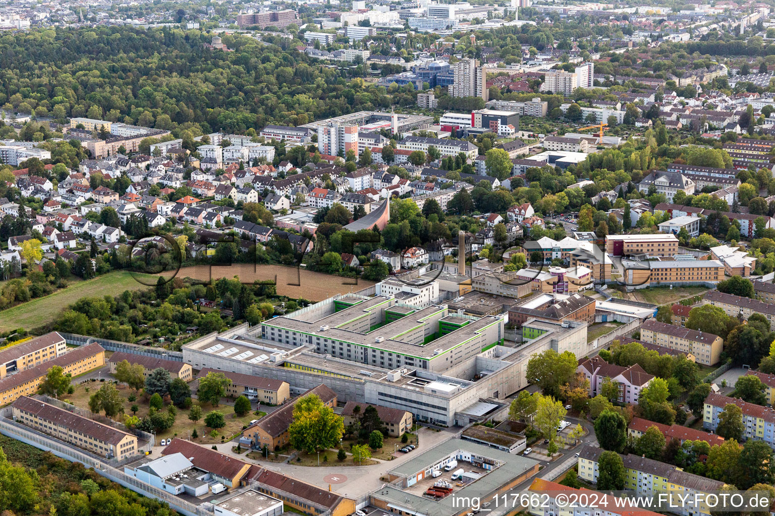 Aerial view of Frankfurt II Prison in the district Preungesheim in Frankfurt am Main in the state Hesse, Germany