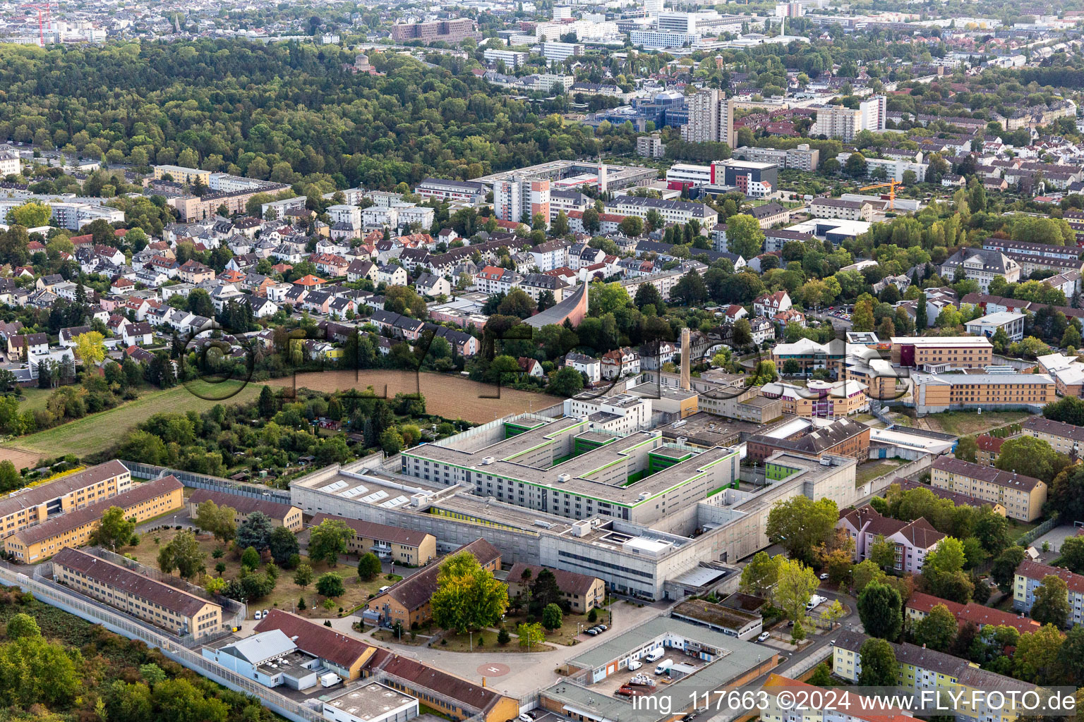 Aerial view of Prison grounds and high security fence Prison Frankfurt III in Frankfurt in the state Hesse, Germany. Editorial use only !