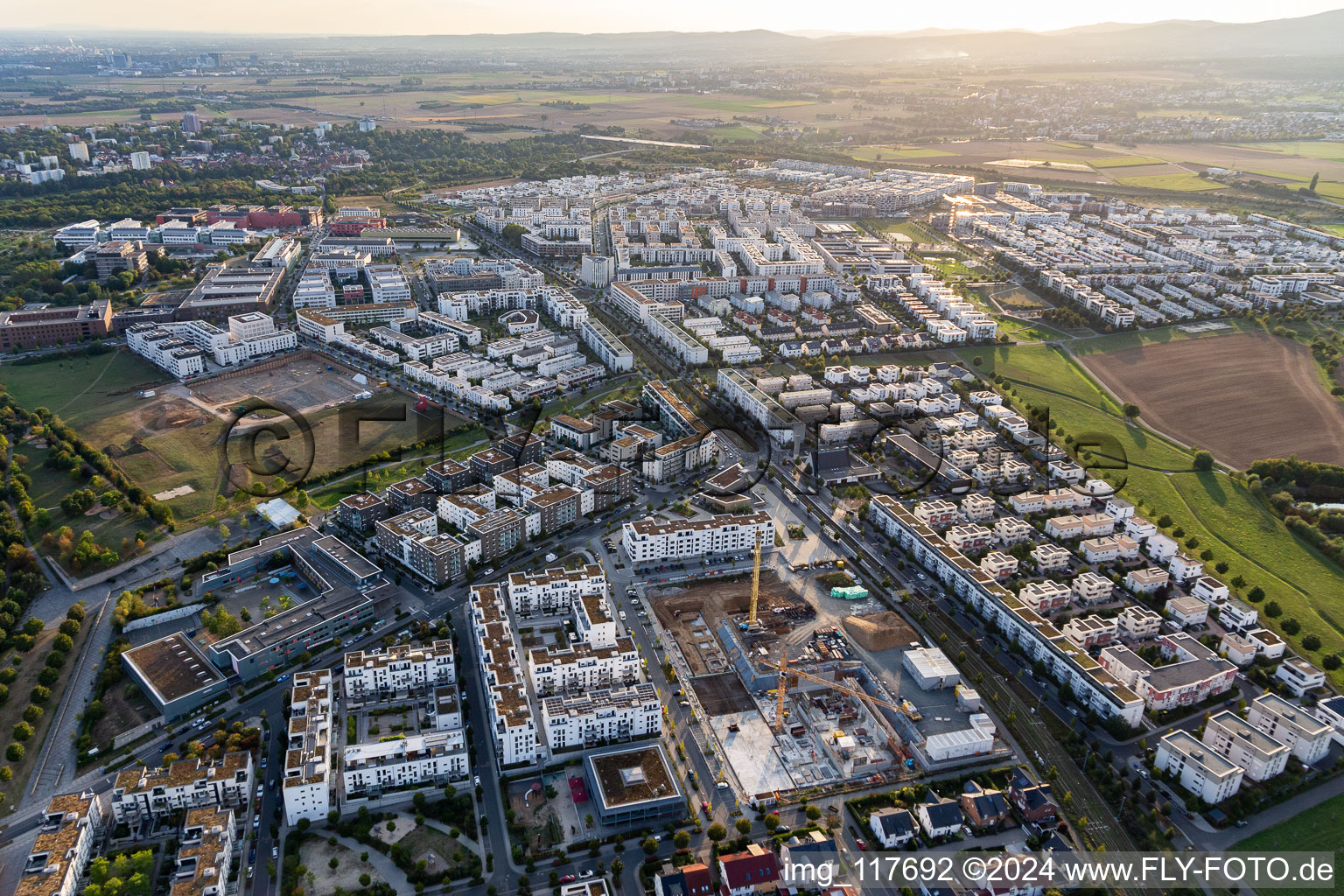 Aerial view of Residential construction site with multi-family housing development- on the on Konrad-Zuse-Strasse in the district Kalbach-Riedberg in Frankfurt in the state Hesse, Germany