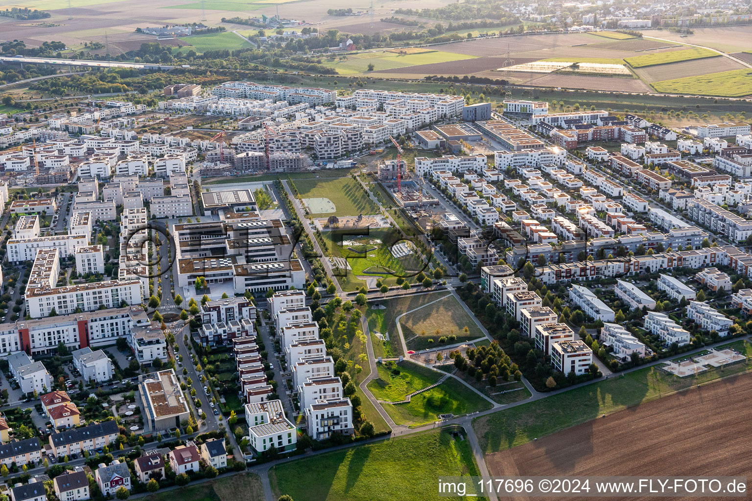 Aerial view of Outskirts residential Friedrich-Dessauer-Strasse - Altenhoeferallee - Johann-Georg-Elser-Strasse - Rudolf-Schwarz-Platz in the district Kalbach- Riedberg in Frankfurt in the state Hesse, Germany