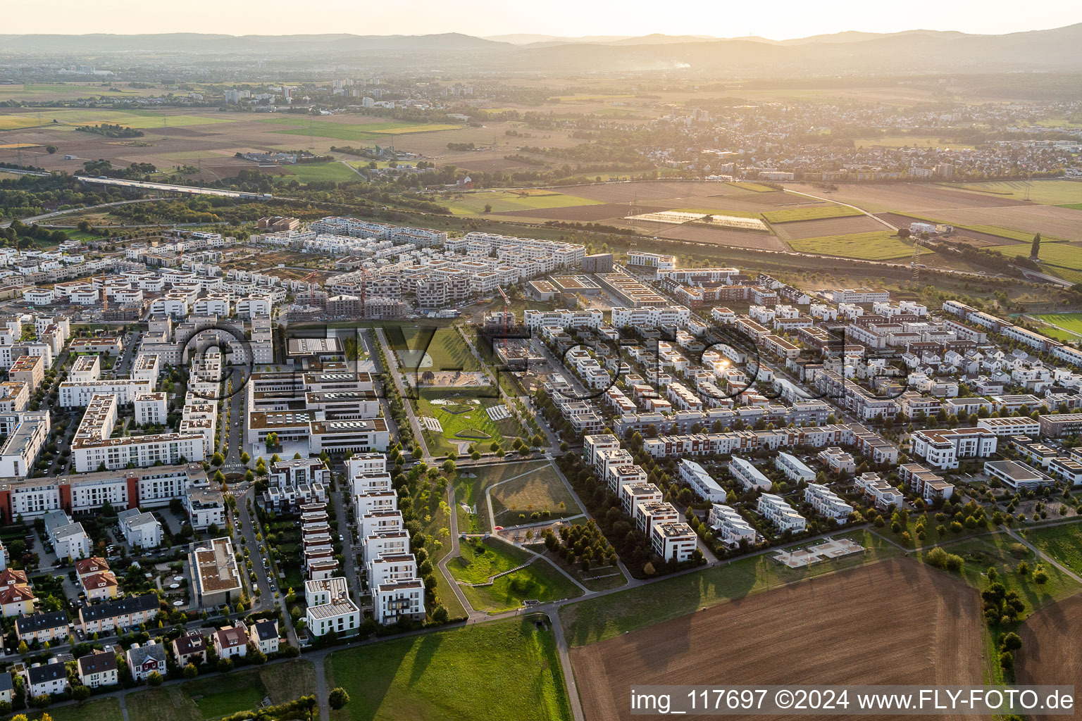 Aerial photograpy of Outskirts residential Friedrich-Dessauer-Strasse - Altenhoeferallee - Johann-Georg-Elser-Strasse - Rudolf-Schwarz-Platz in the district Kalbach- Riedberg in Frankfurt in the state Hesse, Germany