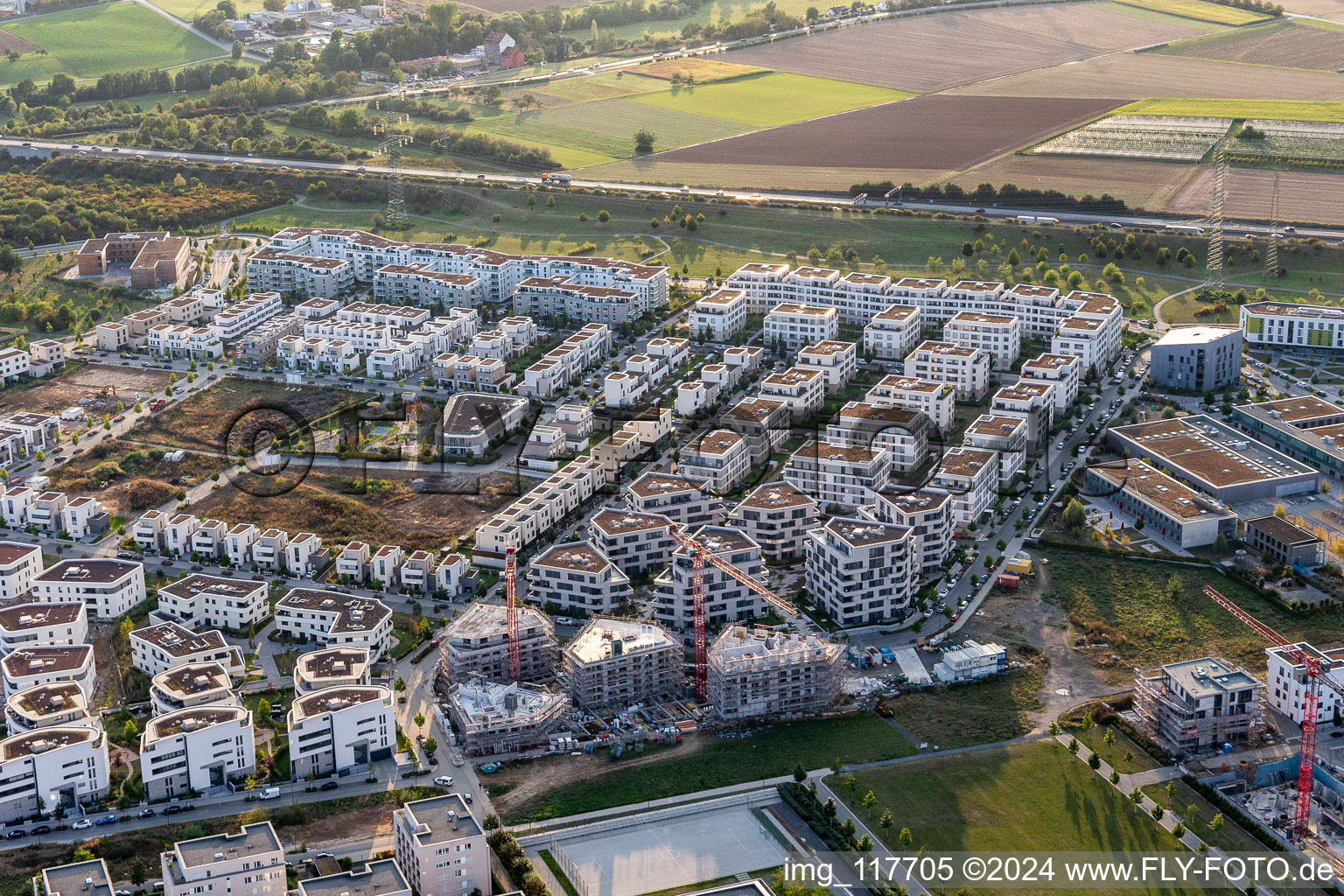 Oblique view of Outskirts residential Friedrich-Dessauer-Strasse - Altenhoeferallee - Johann-Georg-Elser-Strasse - Rudolf-Schwarz-Platz in the district Kalbach- Riedberg in Frankfurt in the state Hesse, Germany