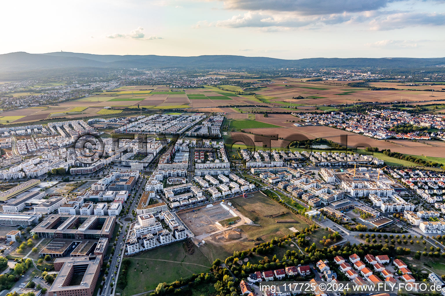 Oblique view of District Niederursel in Frankfurt am Main in the state Hesse, Germany