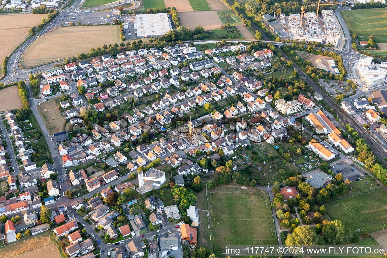 Aerial view of Town View of the streets and houses of the residential areas in Kloppenheim in the state Hesse, Germany