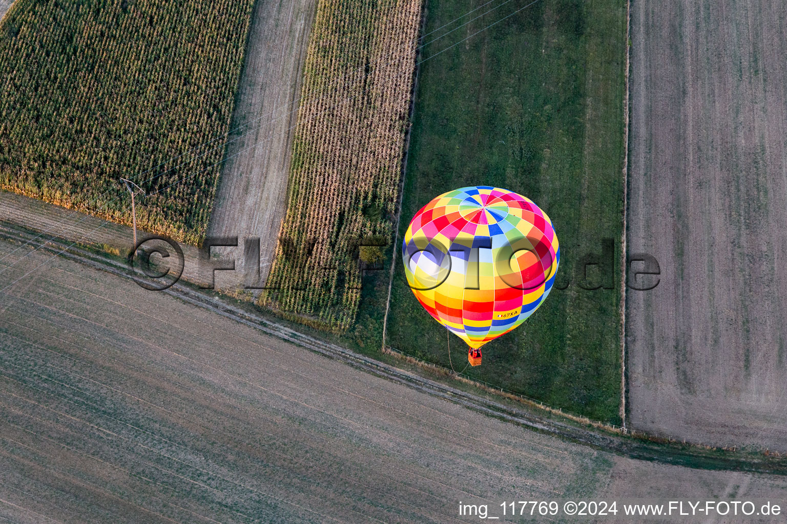 Hot air balloon with calling sign 67XA flying over the airspace in Gundershoffen in Grand Est, France