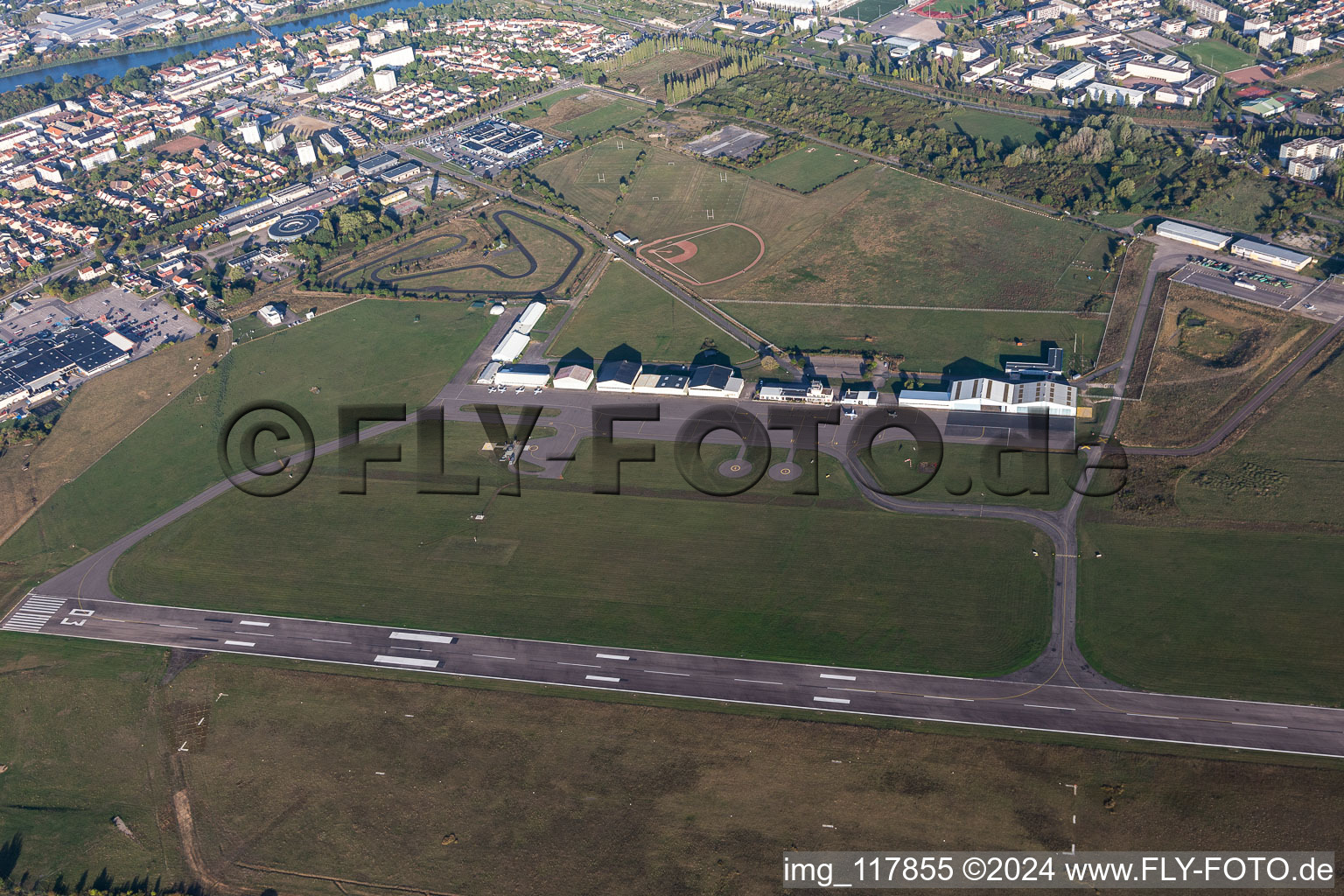 Runway with hangar taxiways and terminals on the grounds of the airport Aeroport de Nancy-Essey in Tomblaine in Grand Est, France