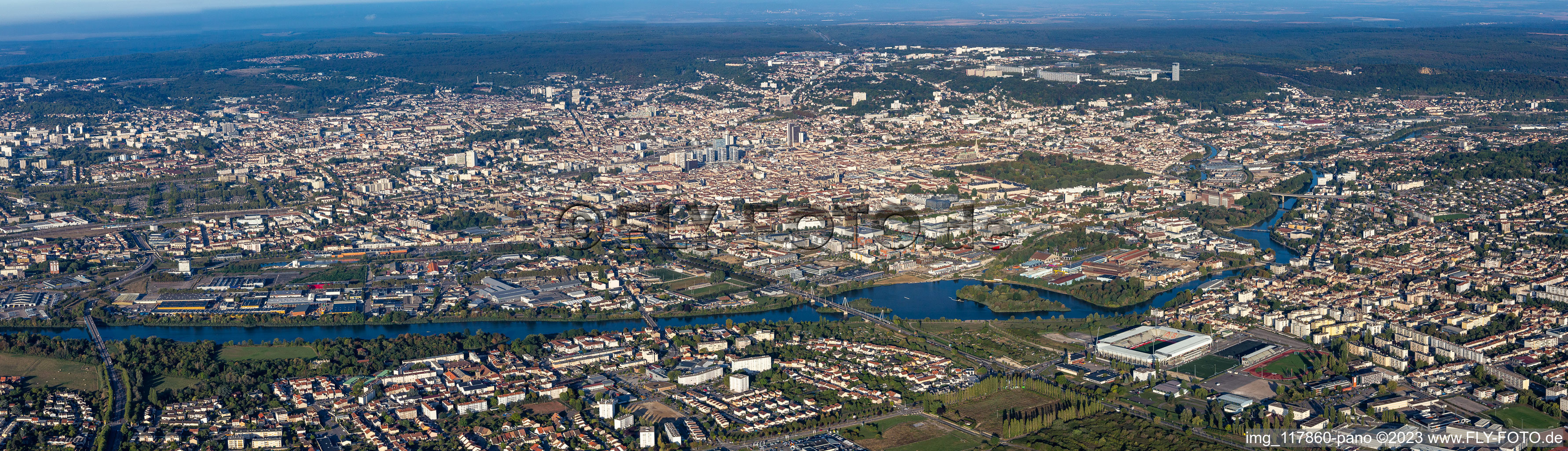 Aerial view of Panoramic perspective of the city area with outside districts and inner city area in Nancy in Grand Est, France
