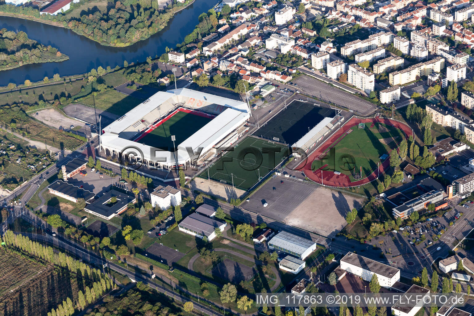 Sports facility grounds of the Arena stadium Stade Marcel-Picot on Boulevard Jean JaurA?s in Tomblaine in Grand Est, France