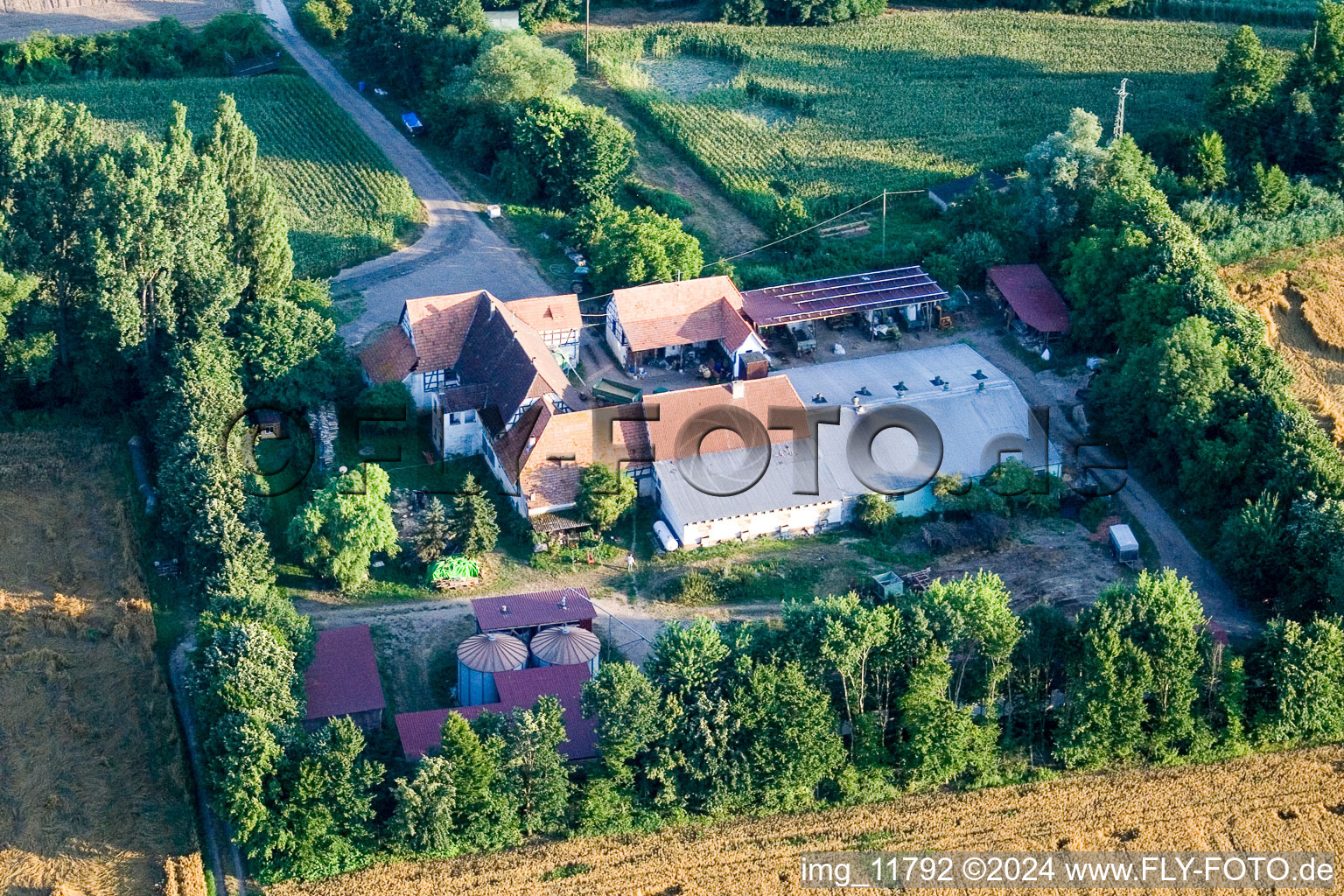 At Erlenbach, Leistenmühle in Kandel in the state Rhineland-Palatinate, Germany seen from above