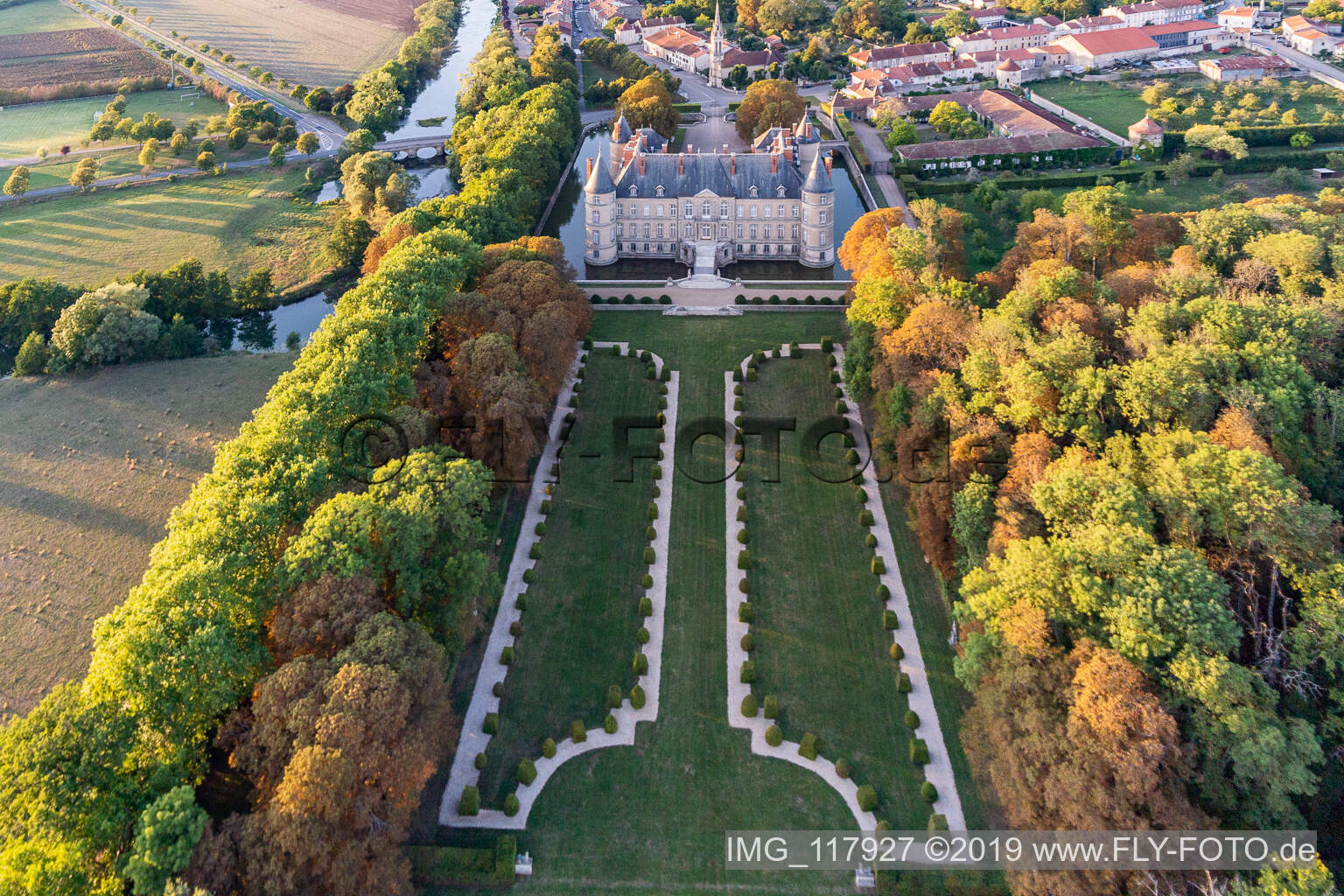 Aerial view of Building and castle park systems of water castle Chateau d'Haroue in Haroue in Grand Est, France