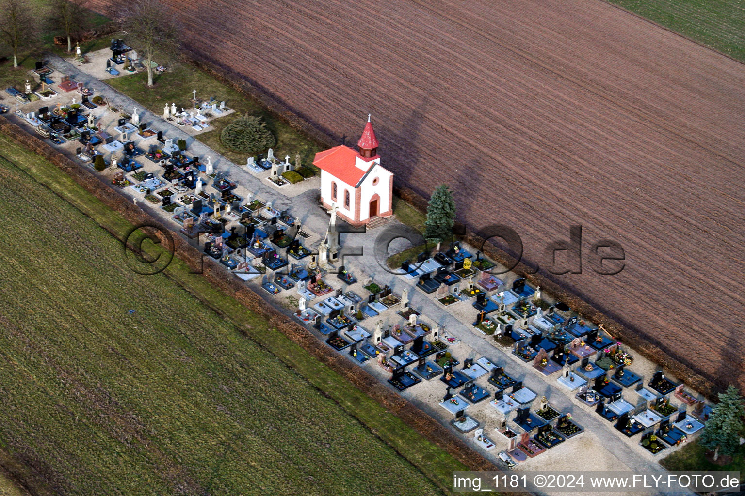 Aerial view of Grave rows on the grounds of the cemetery in Salmbach in Grand Est, France