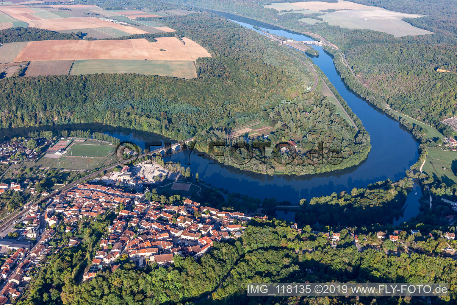Curved loop of the riparian zones on the course of the river Moselle in Liverdun in Grand Est, France