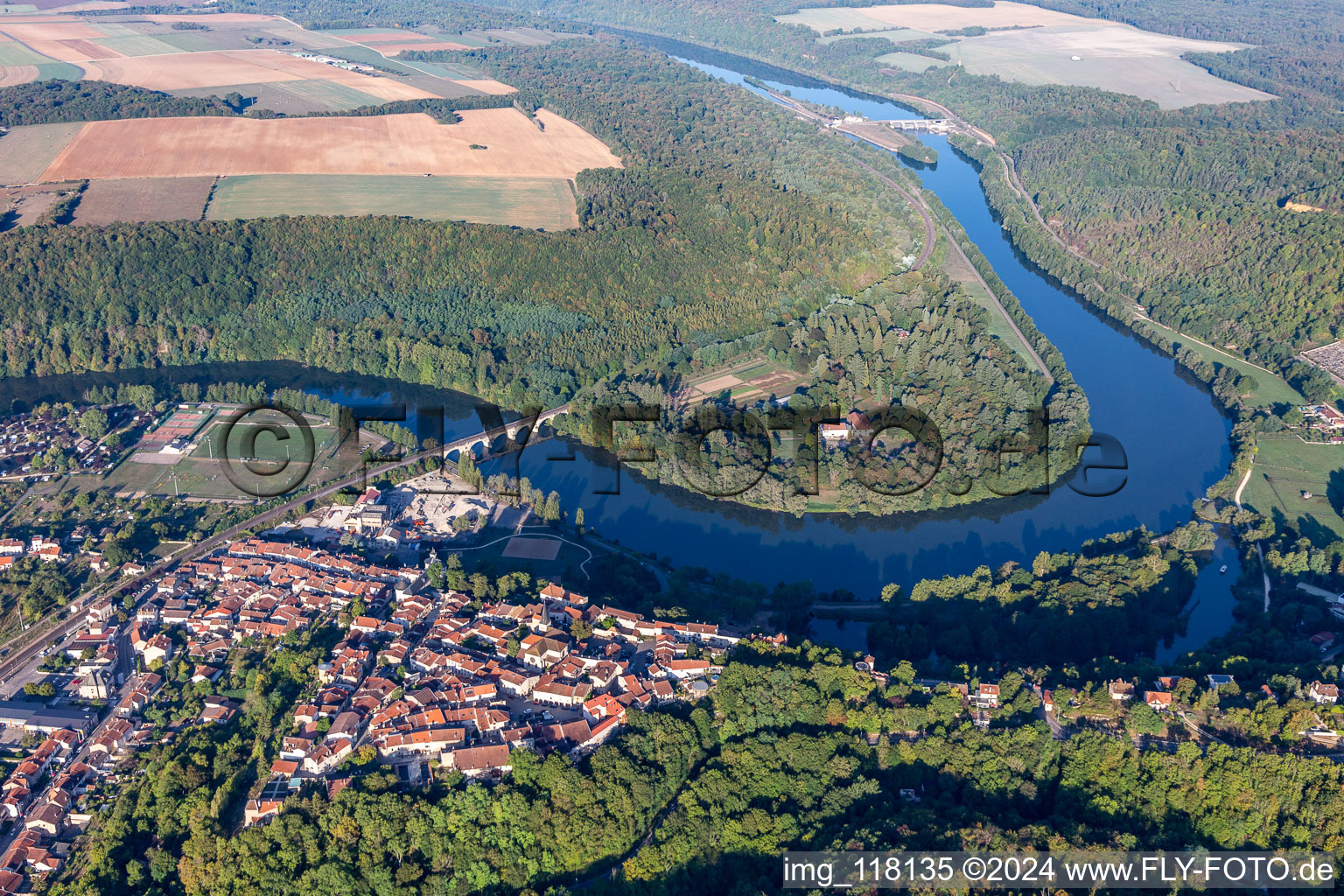 Curved loop of the riparian zones on the course of the river Moselle in Liverdun in Grand Est, France