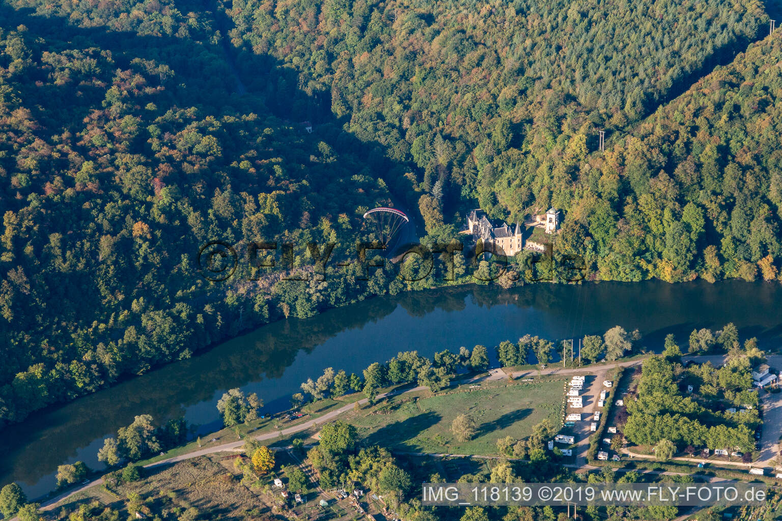 Aerial view of Chateau de la Flie on the Moselle in Liverdun in the state Meurthe et Moselle, France