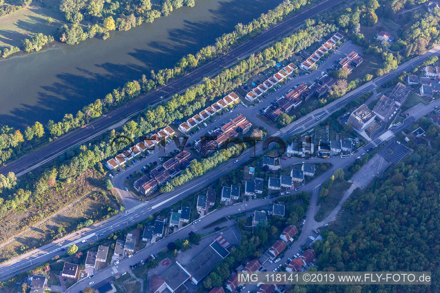 Aerial view of Housing development above the banks of the Moselle: Avenue Mozart in Liverdun in the state Meurthe et Moselle, France