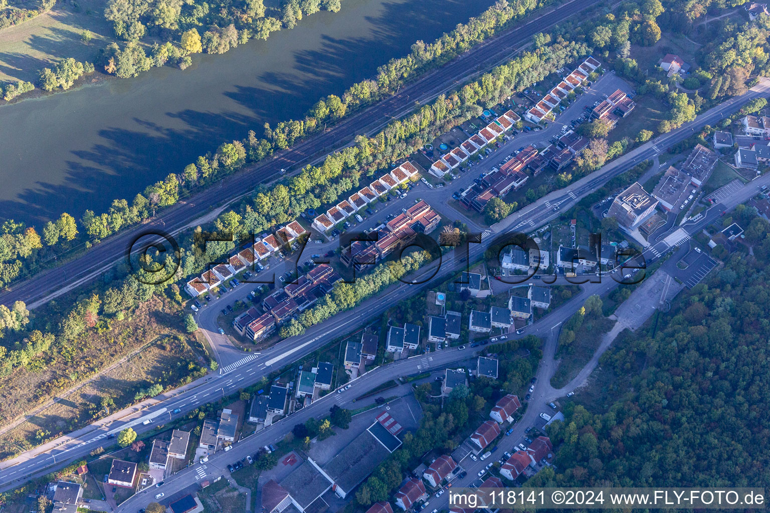 Aerial view of Housing development above the banks of the Moselle: Avenue Mozart in Liverdun in the state Meurthe et Moselle, France