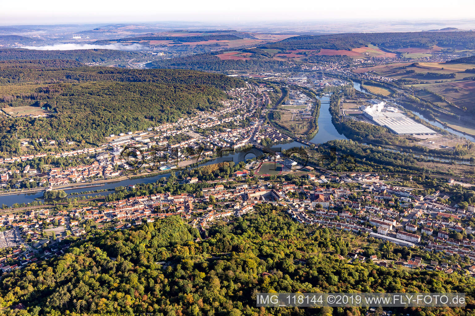 Aerial view of Moselle between Pompey and Frouard in Frouard in the state Meurthe et Moselle, France