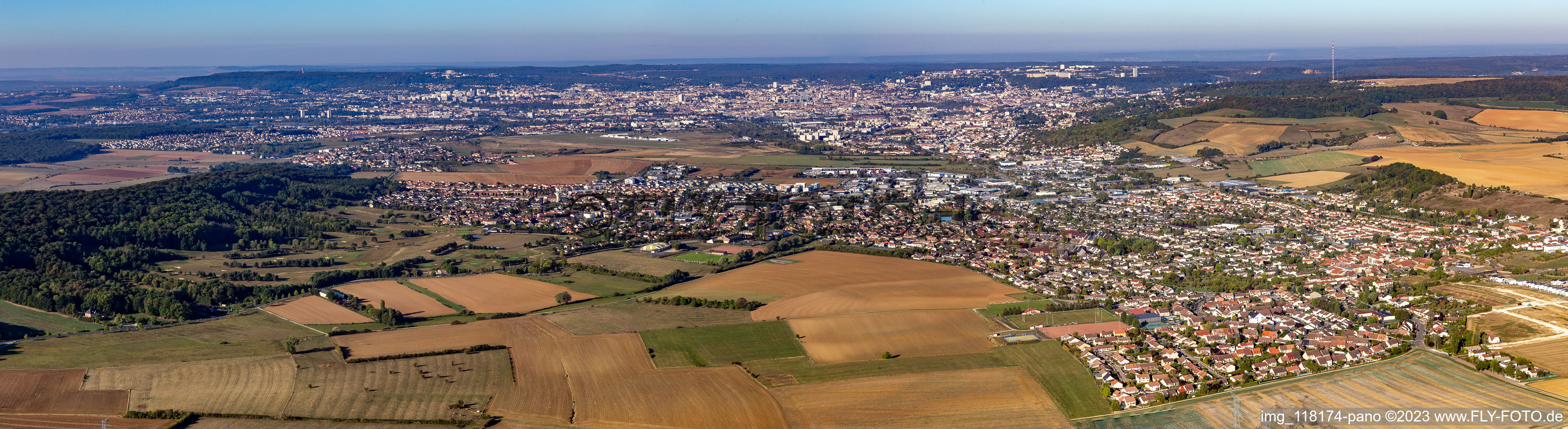 Aerial photograpy of Panoramic perspective of the city area with outside districts and inner city area in Nancy in Grand Est, France