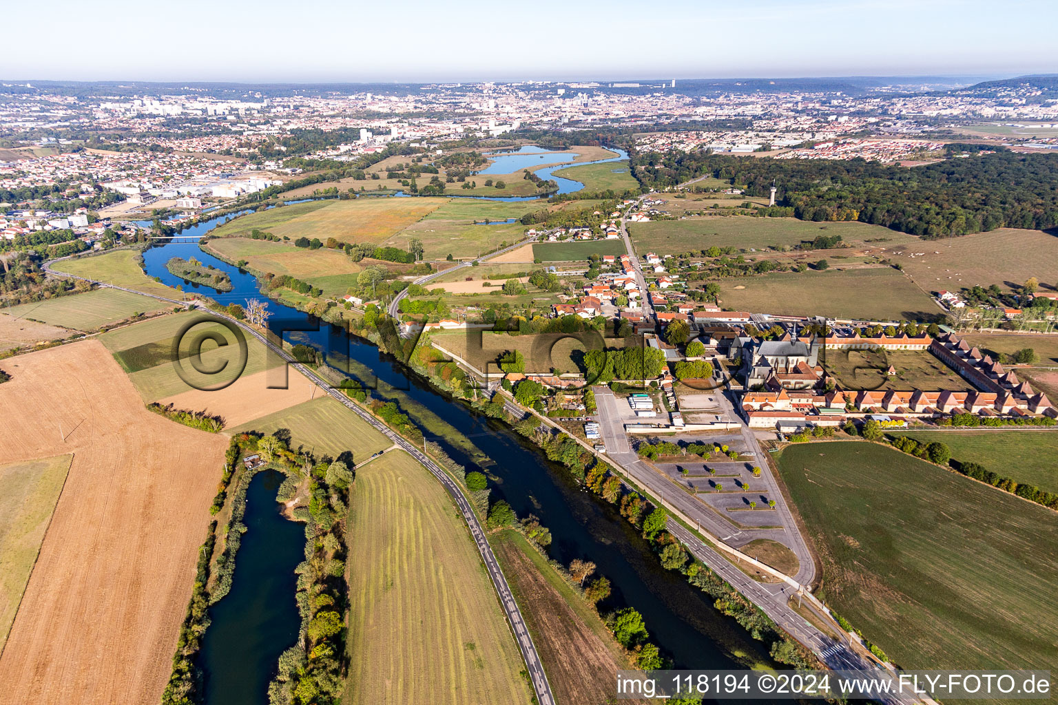 Aerial view of Building complex of the former monastery Abbaye de Bosserville and today Private Vocational School Saint Michell in Art-sur-Meurthe in Grand Est, France