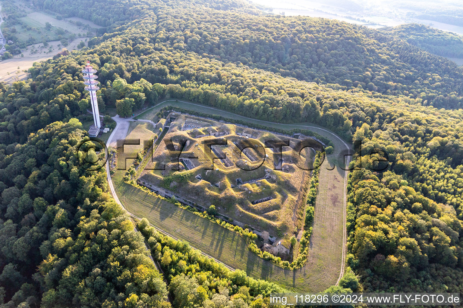 Aerial view of Fragments of the fortress " Fort de Bourlemont " in Mont-les-Neufchateau in Grand Est, France