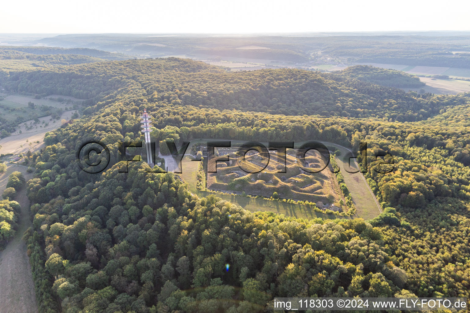 Oblique view of Fragments of the fortress " Fort de Bourlemont " in Mont-les-Neufchateau in Grand Est, France