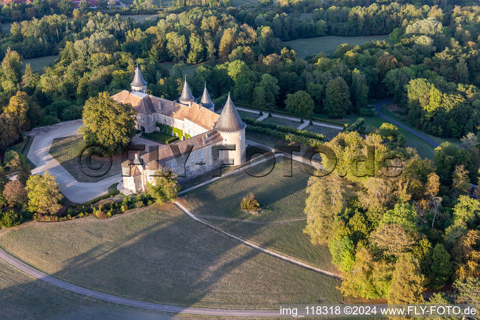 Chateau de Bourlémont in Frebécourt in the state Vosges, France from above