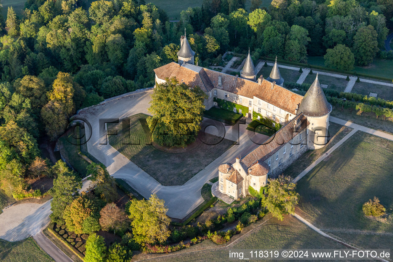 Aerial view of Palace Chateau de Bourlemont in Frebecourt in Grand Est, France