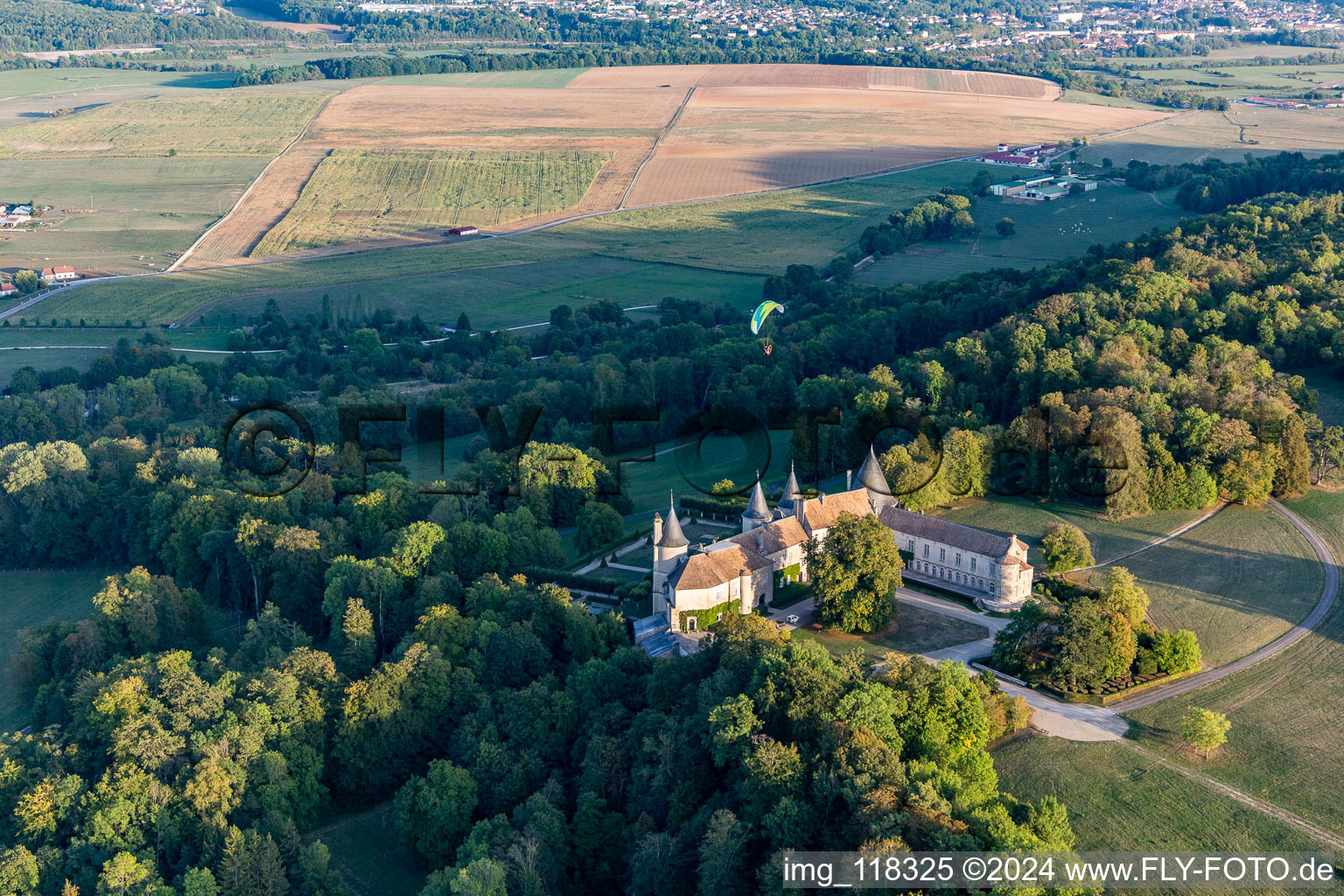 Chateau de Bourlémont in Frebécourt in the state Vosges, France seen from above