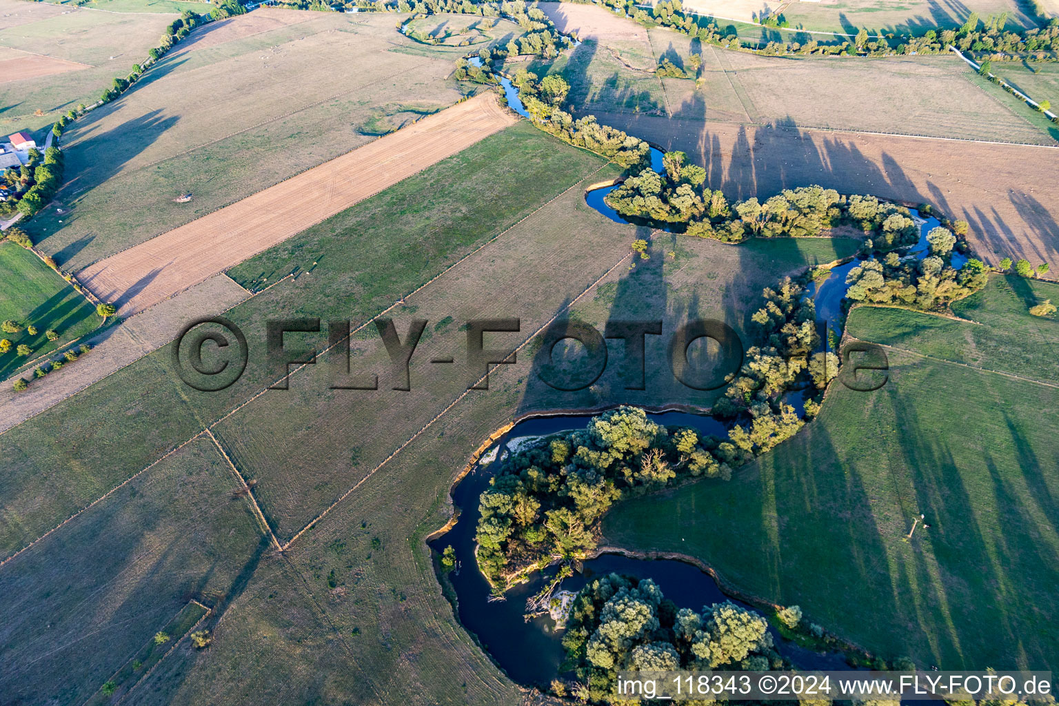 Curved loop of the riparian zones with willows on the course of the river Maas/Meuse in Maxey-sur-Meuse in Grand Est, France