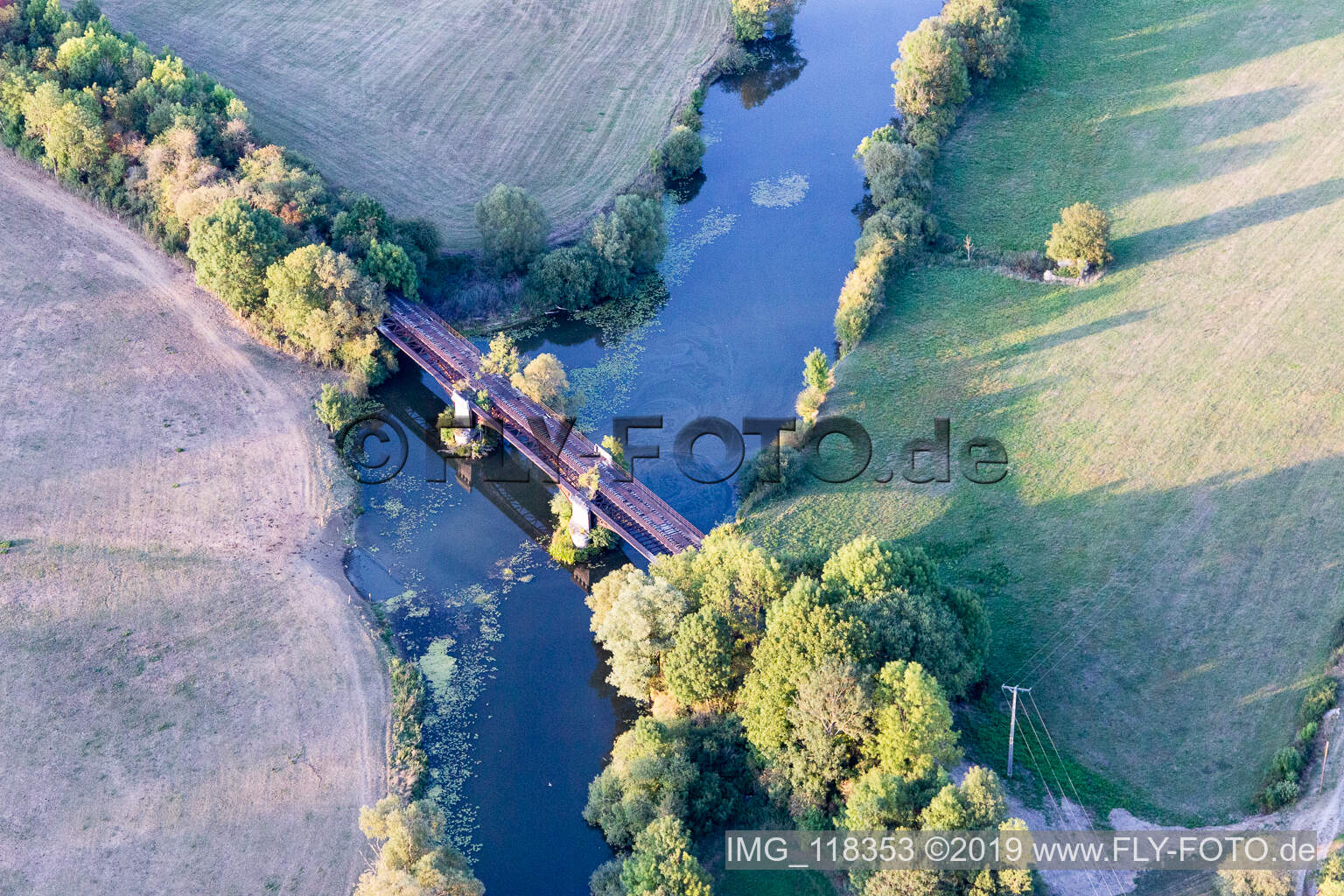 Aerial view of Bridge over the Maas/La Meuse in Sauvigny in the state Meuse, France