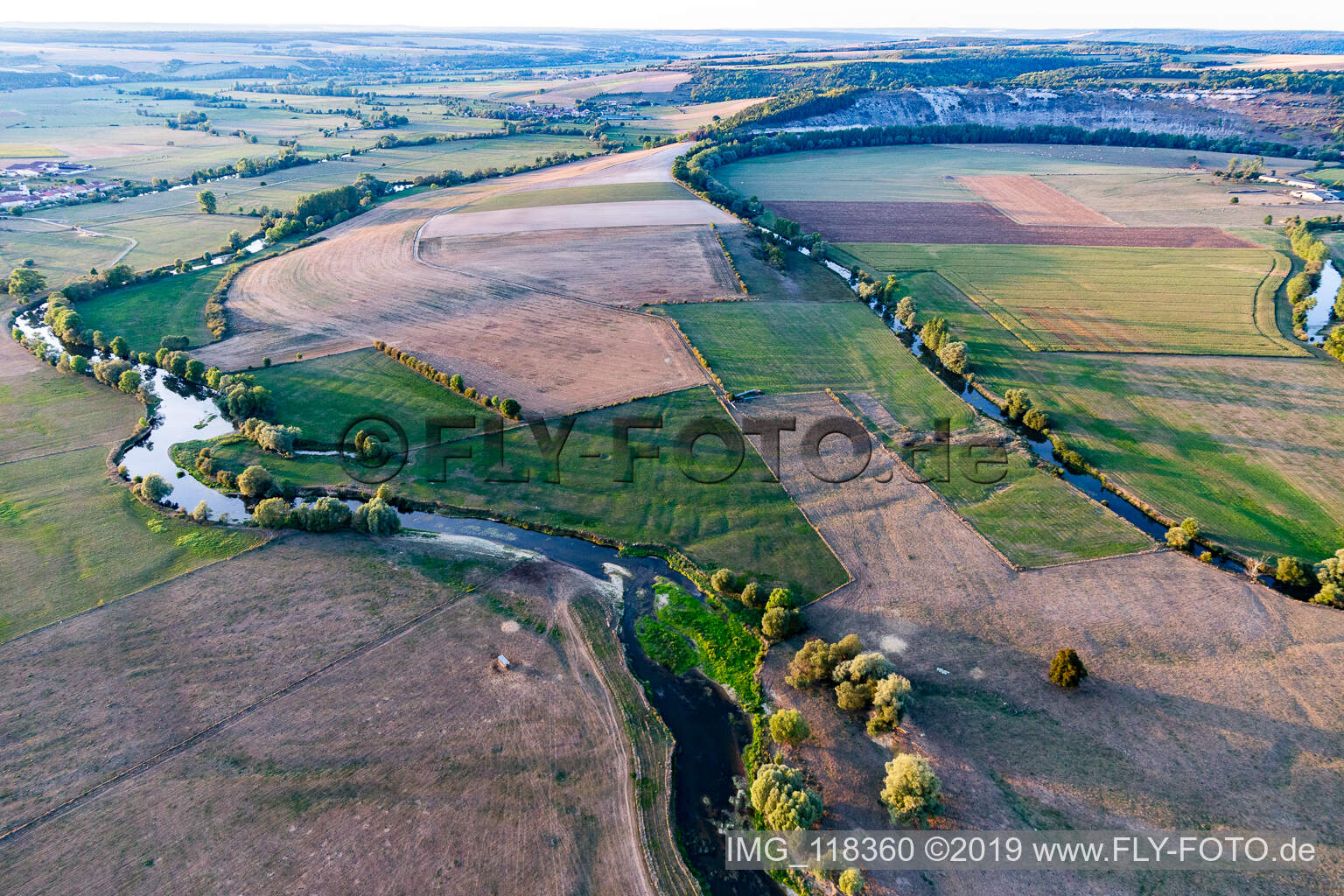 Aerial view of Mouth of the Chètre in the Maas/La Meuse in Champougny in the state Meuse, France
