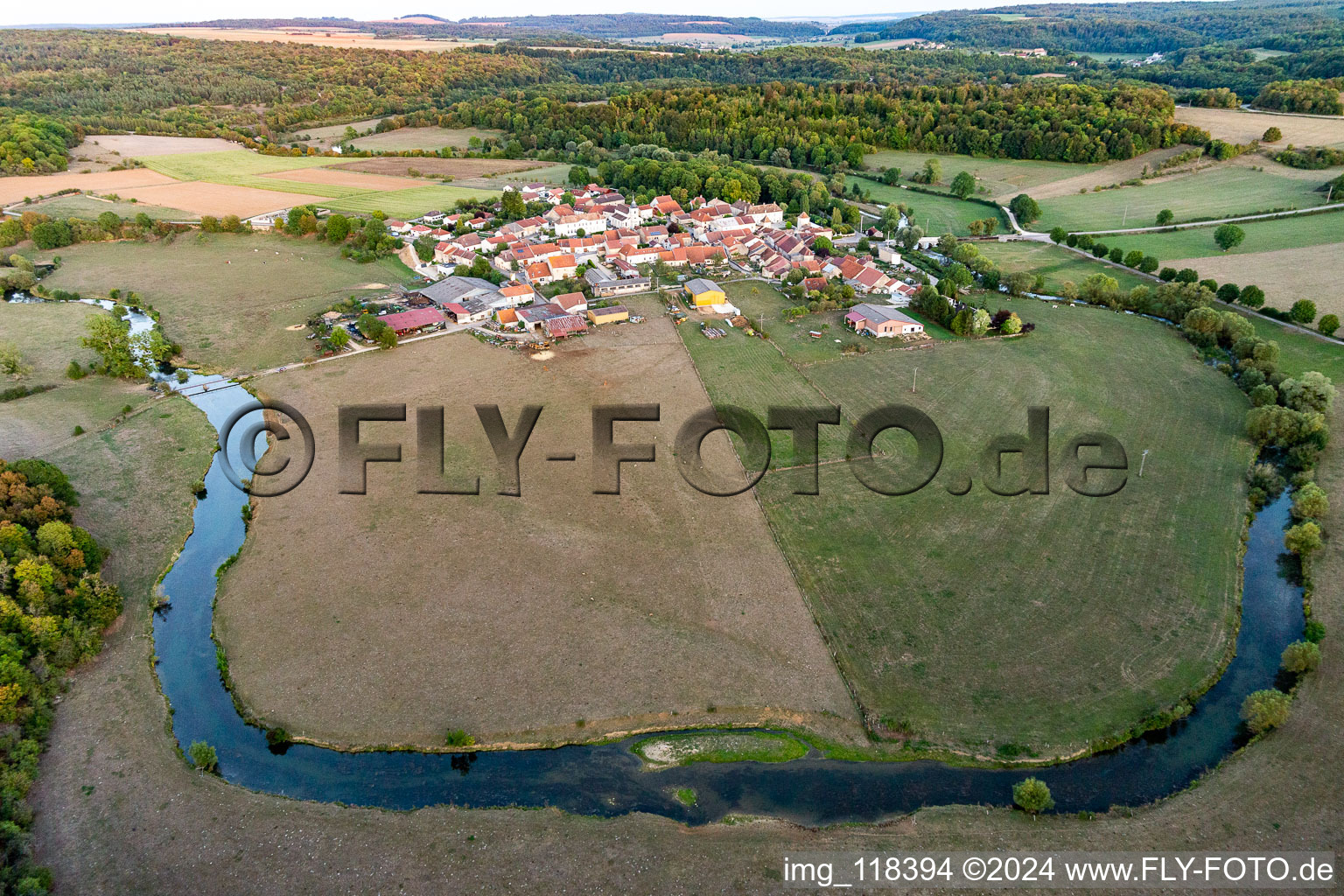 Curved loop of the riparian zones on the course of the river of Maas/Meuse around Autigny-la-Tour in Grand Est, France