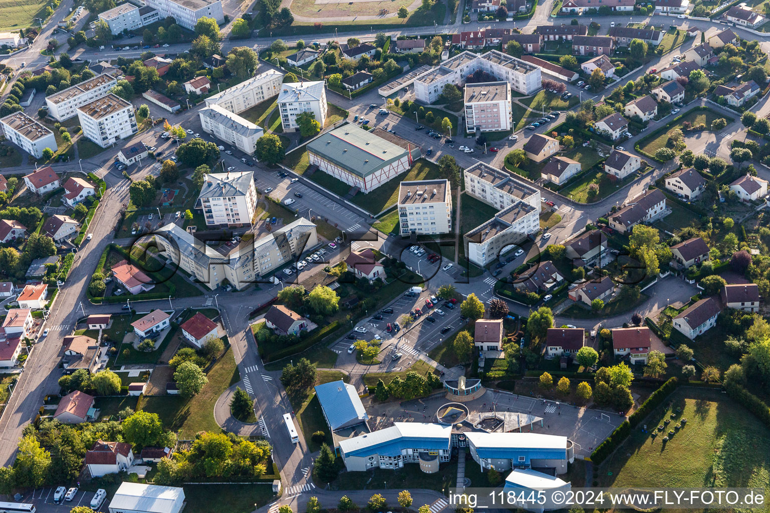 Aerial view of Ecole Primaire Stanislas Lesczynski in Contrexéville in the state Vosges, France