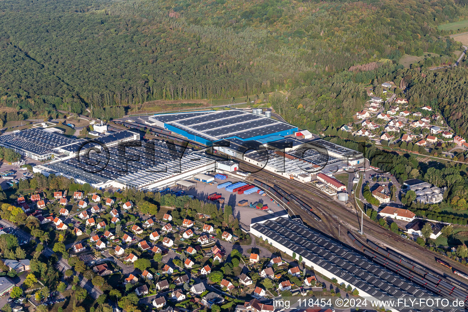 Aerial photograpy of Buildings and production halls on the food manufacturer's premises Nestle Waters Supply Est in Vittel in Grand Est, France