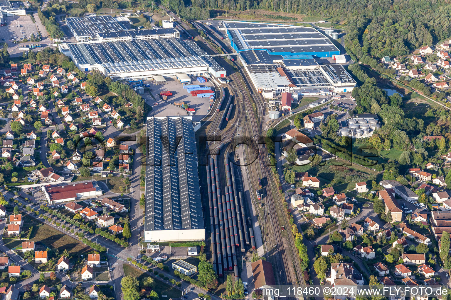 Oblique view of Buildings and production halls on the food manufacturer's premises Nestle Waters Supply Est in Vittel in Grand Est, France