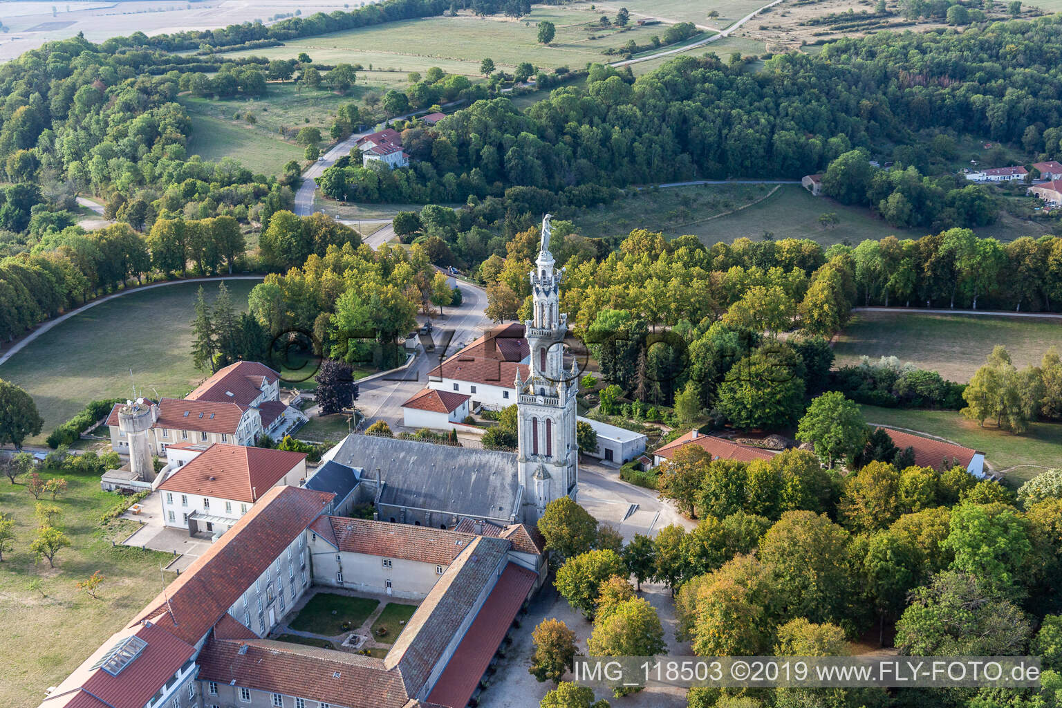 Basilica of Sion in Saxon-Sion in the state Meurthe et Moselle, France from above