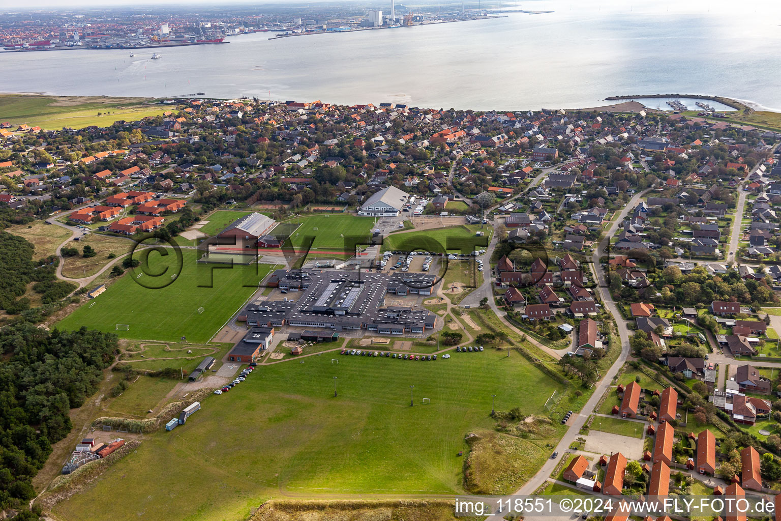 Aerial view of School and library in the district Nordby in Fanø in the state South Denmark, Denmark