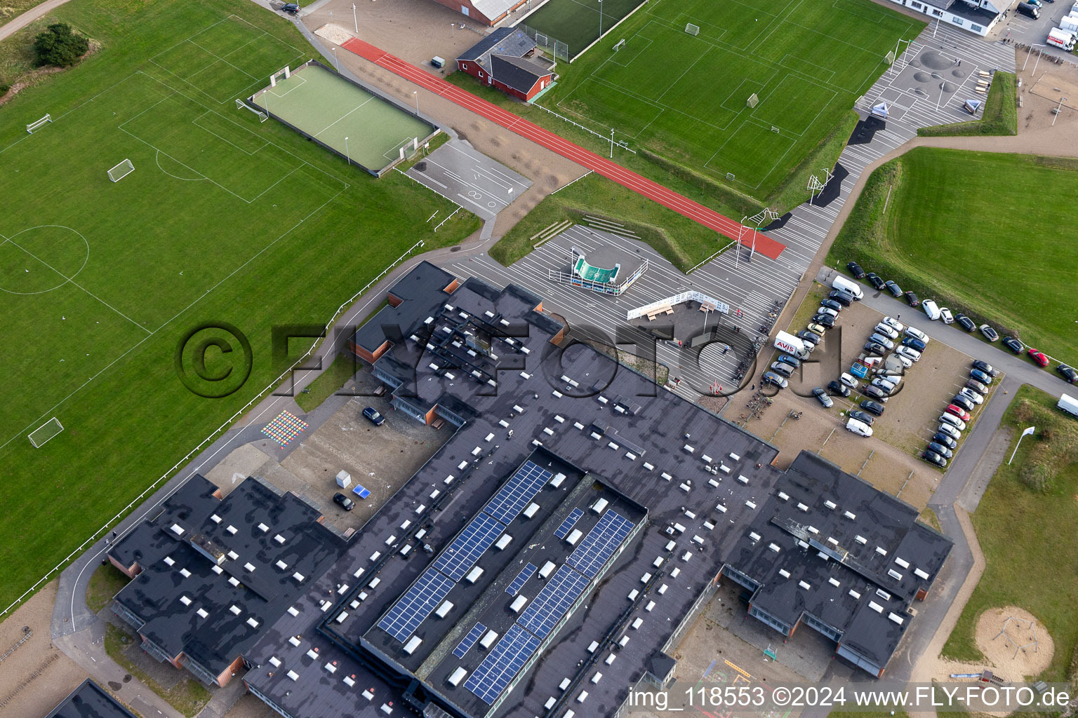 Aerial photograpy of School and library in the district Nordby in Fanø in the state South Denmark, Denmark