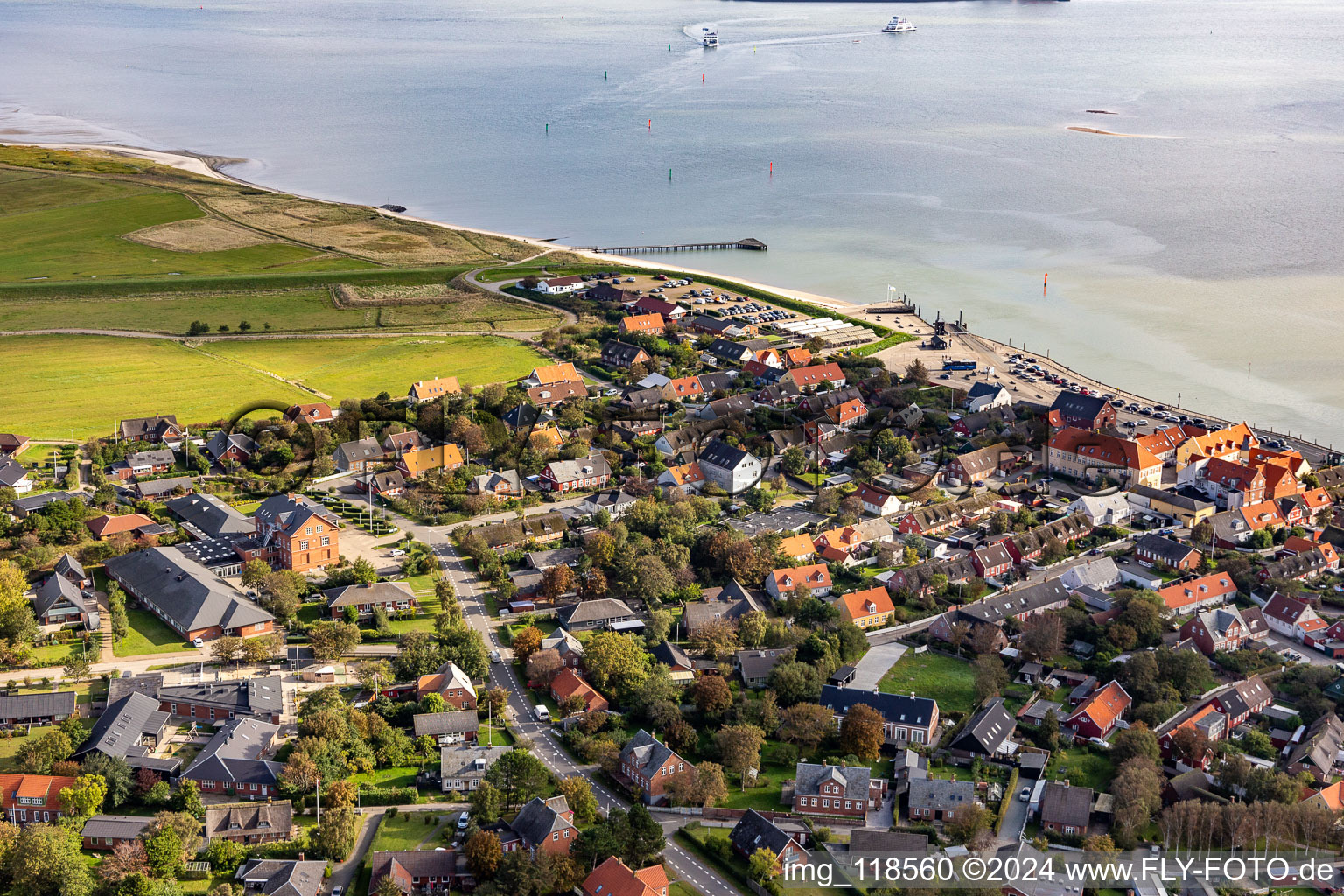 Aerial view of Ferry port, ferry port in the district Nordby in Fanø in the state South Denmark, Denmark