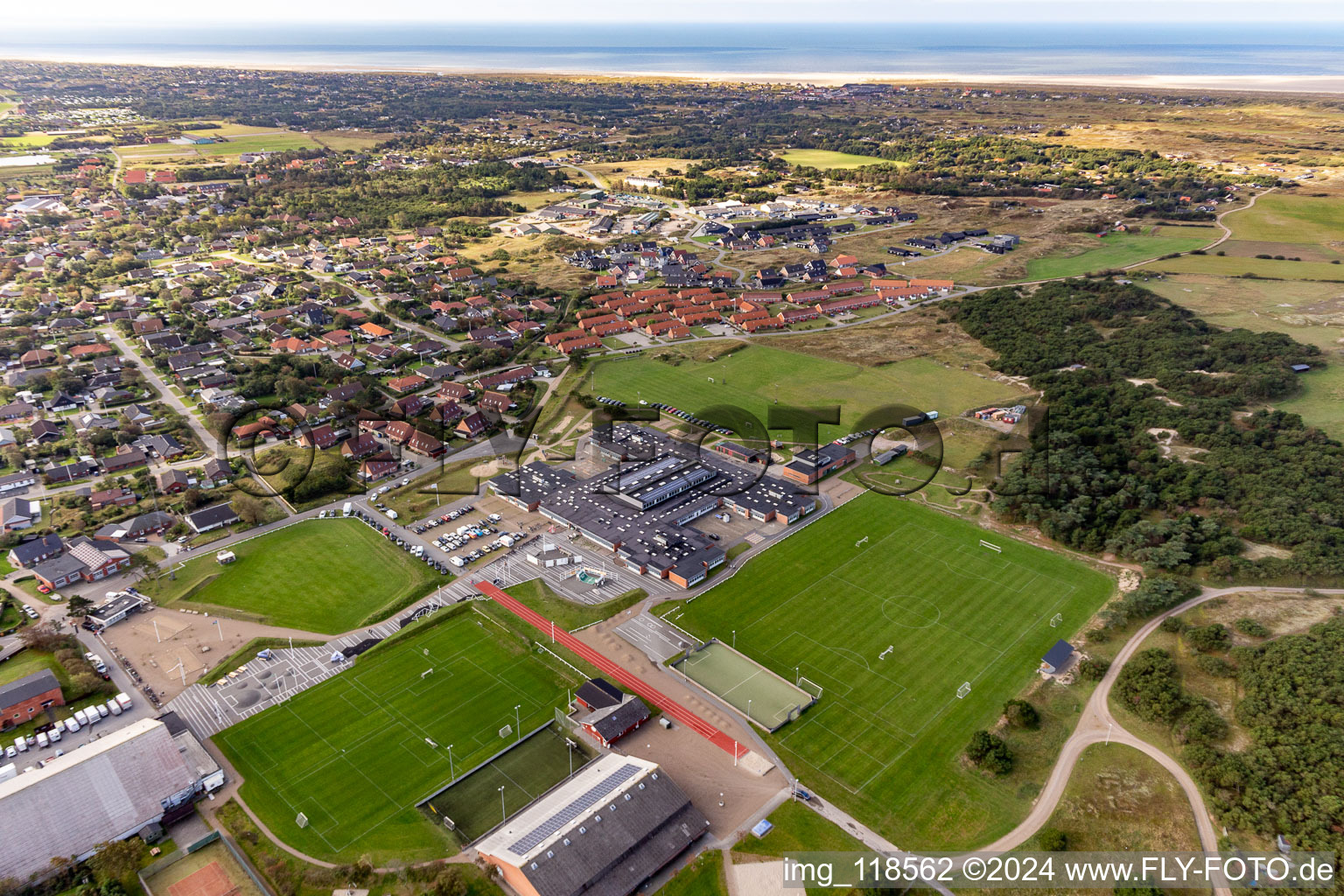 Oblique view of School and library in the district Nordby in Fanø in the state South Denmark, Denmark