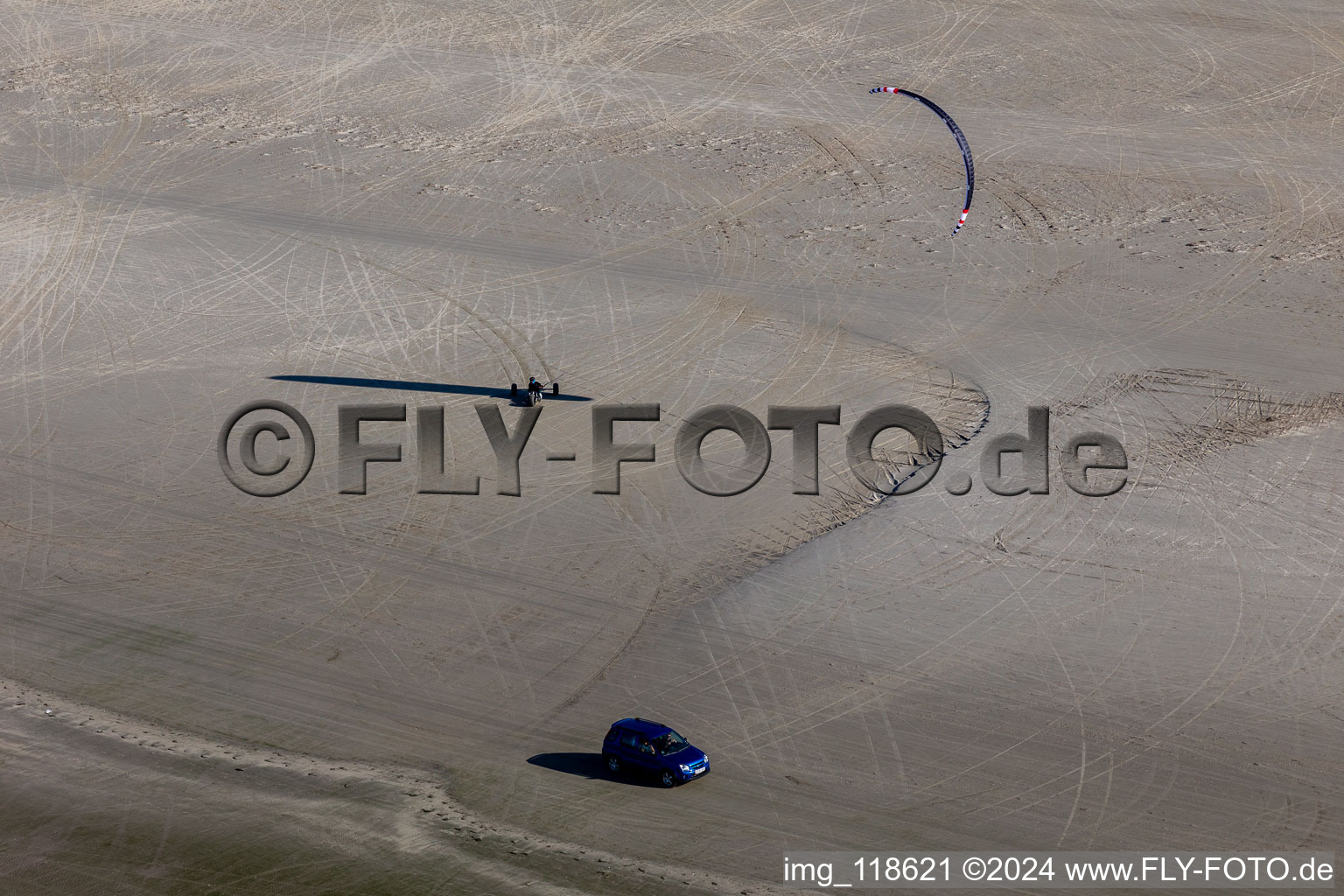 Aerial photograpy of Buggies and kiters on the sandy beach in Fanø in the state South Denmark, Denmark