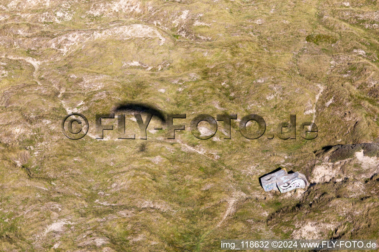 Aerial view of Bunker in the dunes in Fanø in the state South Denmark, Denmark