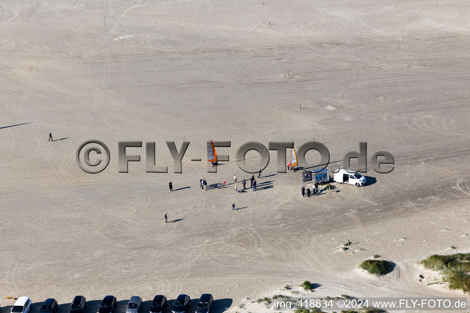 Buggies and kiters on the sandy beach in Fanø in the state South Denmark, Denmark out of the air