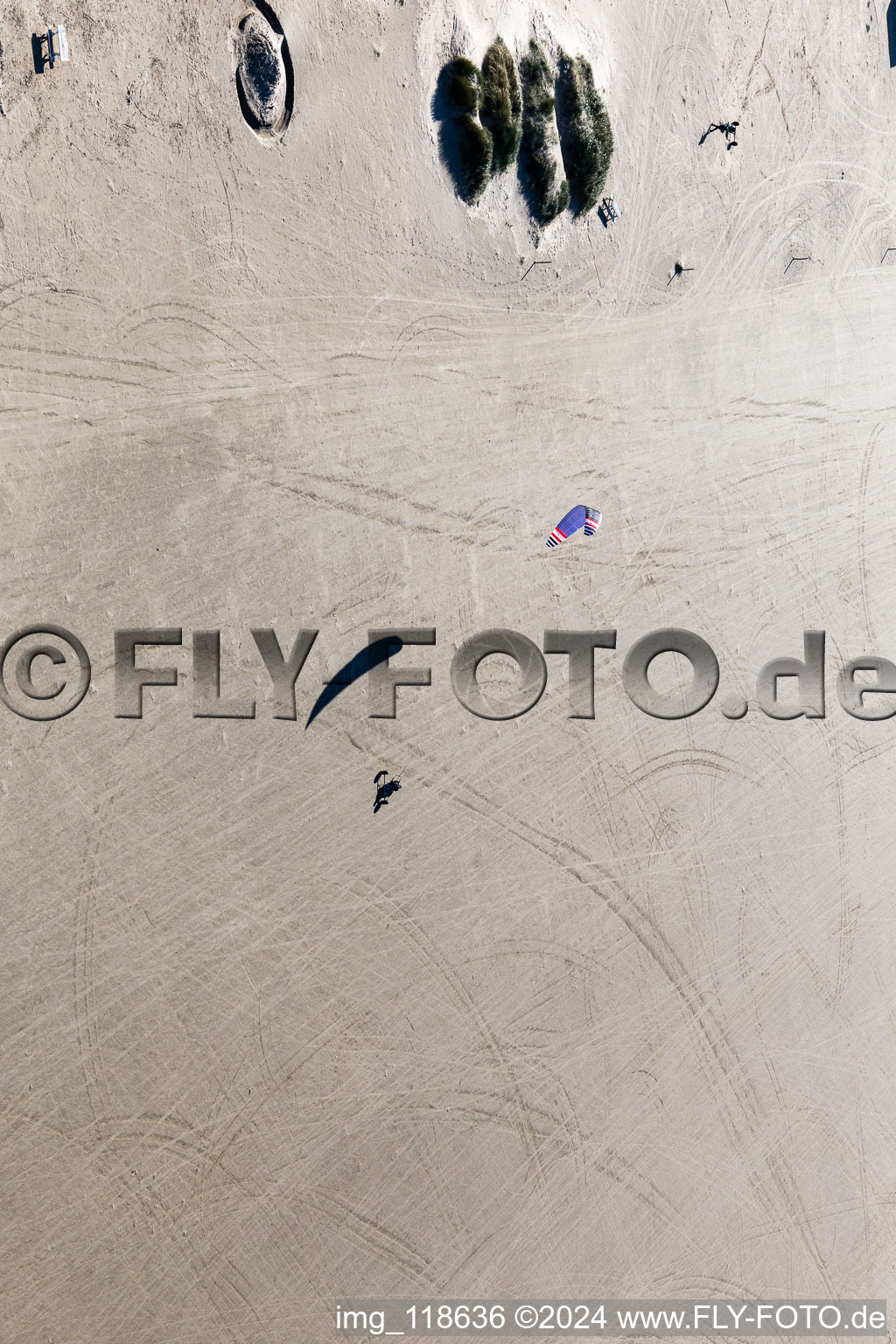 Buggies and kiters on the sandy beach in Fanø in the state South Denmark, Denmark from the plane