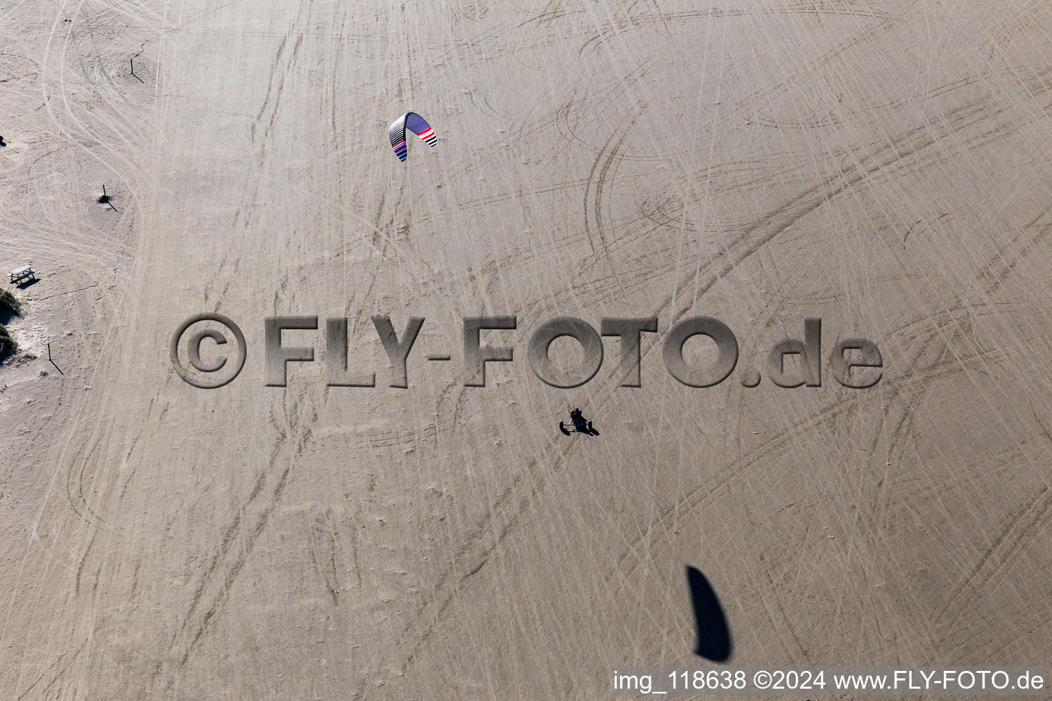 Buggies and kiters on the sandy beach in Fanø in the state South Denmark, Denmark viewn from the air