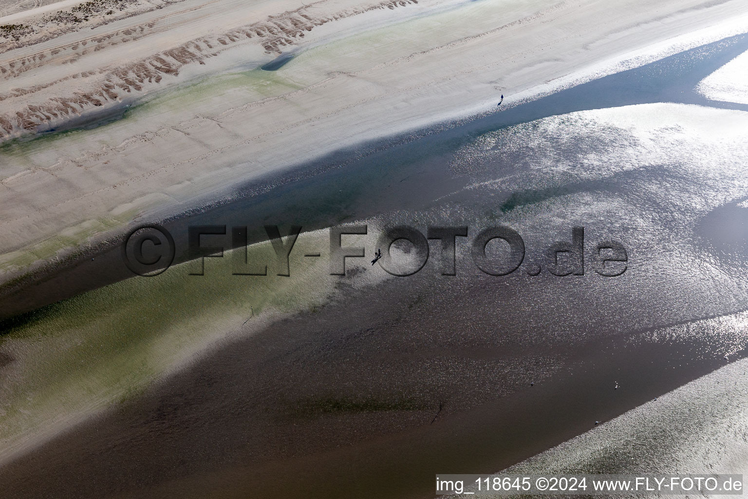 Aerial photograpy of West coast at low tide in Fanø in the state South Denmark, Denmark