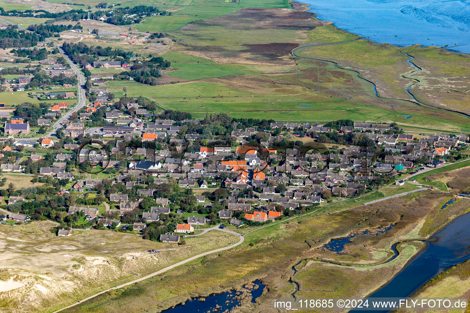 Village on marine coastal area of Norths sea wadden sea in the district Soenderho in Fanoe in Syddanmark, Denmark