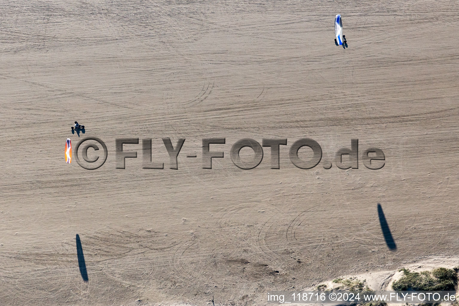 Aerial view of Kites on the West Beach in Fanø in the state South Denmark, Denmark